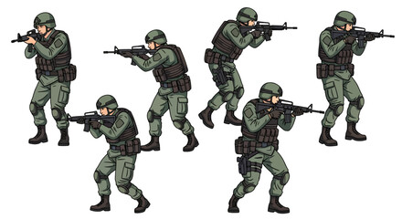 A set of soldier characters in tactical gear and helmets, shown in various combat poses aiming assault rifles. Isolated vector illustration