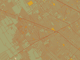 Poster-ready flat map of Jose C. Paz, Argentina, earthy sage background with rust roadways and ochre details.