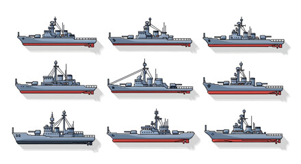 Collection of Naval Warships Illustrations for Maritime Transportation Concepts © Avra