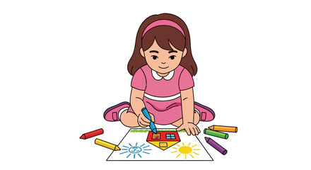 A young girl in a pink dress sits on the floor, happily drawing a house and sun with crayons on a piece of paper