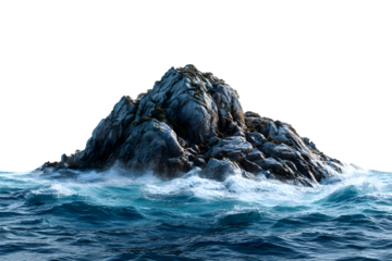 Rocky island surrounded by turquoise blue ocean waves, isolated on transparent background
