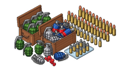 A comprehensive array of combat munitions, showcasing multiple types of grenades and a large quantity of rifle and pistol cartridges in an isometric style
