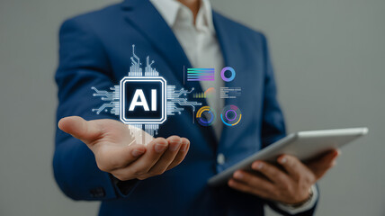 Professional businessman demonstrates AI technology with futuristic holographic interface and data visualizations