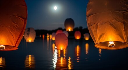 Floating Lights Ceremony Warmly Lit Lanterns Glide Across Tranquil Water Under Moonlight