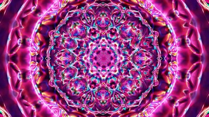 4K video clip glowing circular mandala design moving kaleidoscope effect pink neon lights LED reflections seamless loop animation perfect meditation visuals abstract motion design - Powered by Adobe