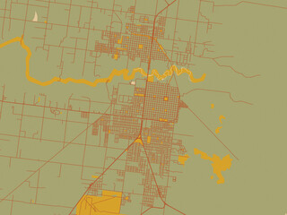Stylized minimalist map of Reconquista, Argentina in olive backdrop with warm rust street network and ochre blocks.