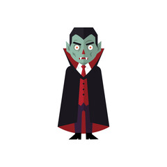 Flat Vector Illustration of Cartoon Vampire Character in Black Cape and Red Suit.eps