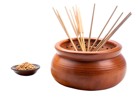 A Clay Incense Burner With Wooden Sticks and Scattered Seeds Isolated on a White Background ,PNG. AI Generated.