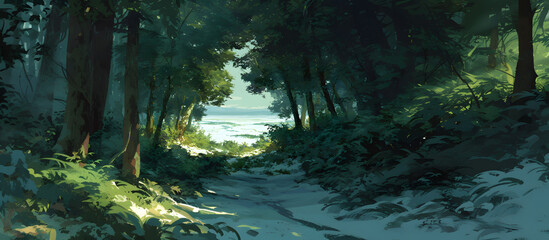 Obraz premium A pathway leads through a dense forest towards a bright, open area. Tall trees frame the path, with green foliage and bright sunlight.