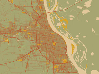 Decorative flat city map of Rosario, Argentina using earthy sage background with rust roadways and ochre details.