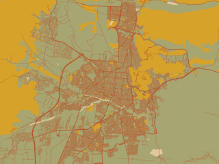 Abstract flat-design map of Salta, Argentina, featuring sage green ground with rust-red roads and ochre accents.