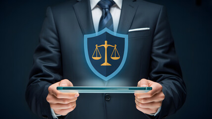 Professional businessman presenting legal protection symbol on digital device for justice and security solutions