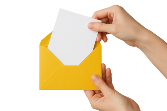 Hand inserting paper into yellow envelope, PNG transparent background