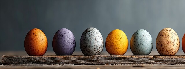 Vibrant Easter eggs on rustic wooden surface, soft natural light and shallow depth, festive still life composition
