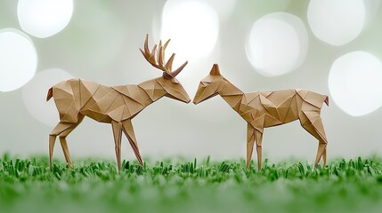 Intricately crafted origami deer made from brown paper amidst a serene natural background, capturing elegance and artistry in every detail