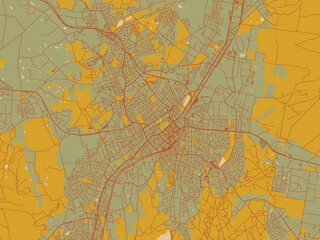 Stylized minimalist map of Bendigo, Australia in earthy sage background with rust roadways and ochre details.