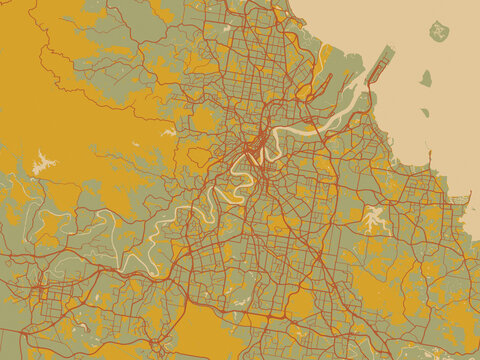 Contemporary flat map of Brisbane, Australia design with sage/olive tone field with rust networks and ochre shapes, cream water.