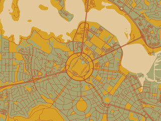 Obraz premium Flat painterly map of Canberra center, Australia in olive backdrop with warm rust street network and ochre blocks.