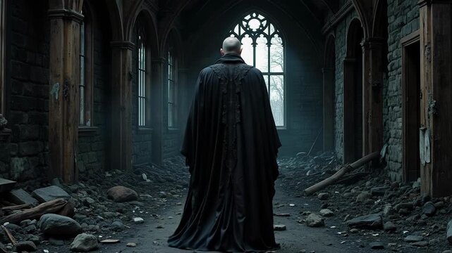 Eerie vampire silhouette stands amidst the ruins of a burned church in stunning 4k, perfect for horror projects and gothic themes