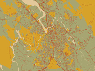 Poster-ready flat map of Launceston, Australia, sage/olive tone field with rust networks and ochre shapes, cream water.
