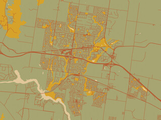 Poster-ready flat map of Melton, Australia, earthy sage background with rust roadways and ochre details.