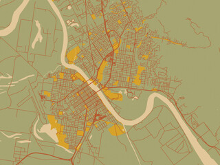 Stylized minimalist map of Rockhampton, Australia in muted sage base, rust-colored roads, and soft ochre highlights.