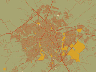 Contemporary flat map of Bauru, Brazil design with sage green ground with rust-red roads and ochre accents.