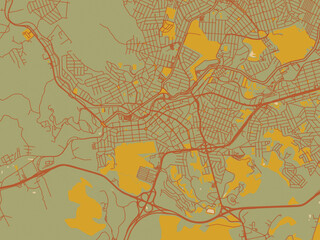 Flat painterly map of Betim, Brazil in earthy sage background with rust roadways and ochre details.