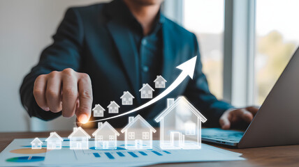 Confident professional analyzes real estate growth graph, planning smart investments for future success