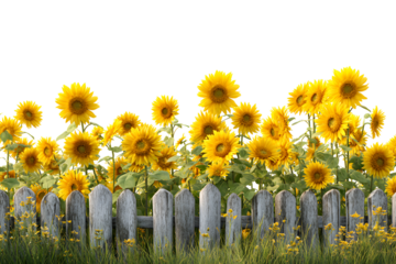 Sunflower garden with wooden fence and bright yellow blooms, isolated on transparent background