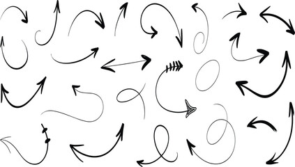 Hand-drawn curved arrows set, sketch direction symbols, swirl doodle pointers for notes, infographic, presentation, and creative graphic design projects