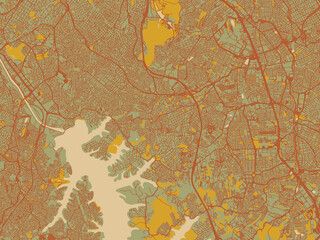 Contemporary flat map of Diadema, Brazil design with muted sage base, rust-colored roads, and soft ochre highlights.