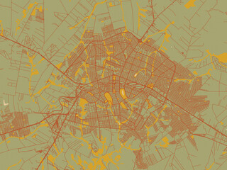 Vector-style flat map of Maringa, Brazil with earthy sage background with rust roadways and ochre details.