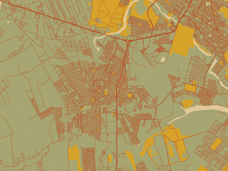Modern flat map poster of Parnamirim, Brazil in sage/olive tone field with rust networks and ochre shapes, cream water.