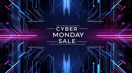 Futuristic cyber monday sale banner with glowing neon blue and purple circuit lines on dark background, modern technology themed promotional design with symmetric geometric pattern - Powered by Adobe