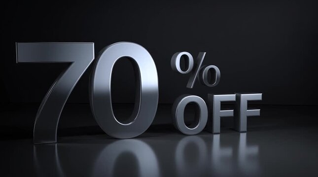 3D metallic "70% off" typography floating above black surface with soft gradient light and subtle reflection, minimalist photorealistic design with sharp edges and ample space