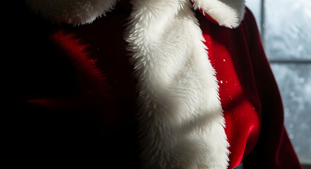 Close up of Santa Claus red suit with white fur trim and snowy texture illuminated by sunlight through a window suggesting holiday cheer and winter season festive spirit