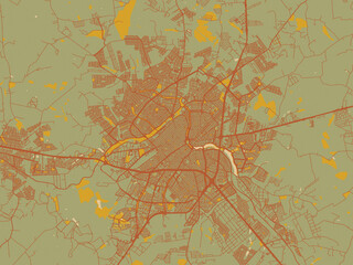 Minimalist flat city map of Sao Jose do Rio Preto, Brazil with olive backdrop with warm rust street network and ochre blocks.