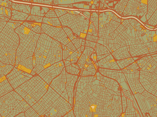 Vector-style flat map of Sao Paolo city center, Brazil with earthy sage background with rust roadways and ochre details.