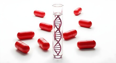 DNA helix model in a test tube with red pills on white background
