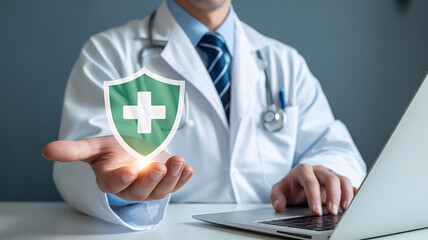 Doctor offers shield with medical cross symbolizing healthcare protection and insurance security