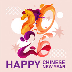 Oriental zodiac new horse year banner. Vector Chinese holiday poster for celebration invitation or greeting. CNY sign or 2026 festive card. China or Asian zodiac sign. Equestrian Xin Nian Kuai Le.