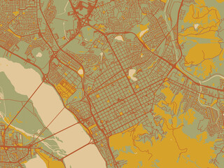 Obraz premium Flat painterly map of Concepcion, Chile in earthy sage background with rust roadways and ochre details.