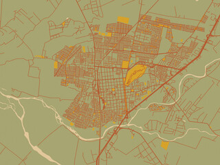 Naklejka premium Poster-ready flat map of Curico, Chile, sage/olive tone field with rust networks and ochre shapes, cream water.