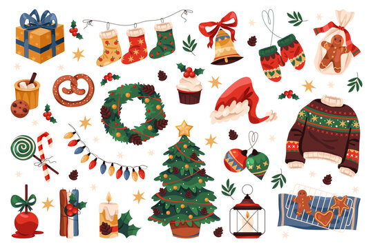 New year sticker set or Christmas vector icon. Winter holiday element or seasonal festive symbol. Fir tree and wreath, December bakery and gift, present box, garland and food, Santa cap and bubble.