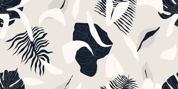 Fototapeta Minimal abstract leaves and shapes pattern. Collage contemporary unique print. Fashionable template for design.