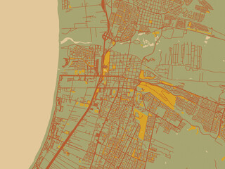 Fototapeta premium Contemporary flat map of La Serena, Chile design with sage green ground with rust-red roads and ochre accents.