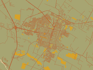 Modern flat map poster of Linares, Chile in sage green ground with rust-red roads and ochre accents.