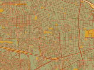 Obraz premium Minimalist flat city map of Lo Prado, Chile with olive backdrop with warm rust street network and ochre blocks.