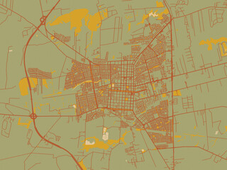 Modern flat map poster of Los Angeles, Chile in sage/olive tone field with rust networks and ochre shapes, cream water.